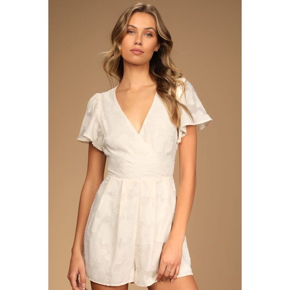 Lulus Lovely Times Cream Floral Burnout Backless Romper Beige - Size L